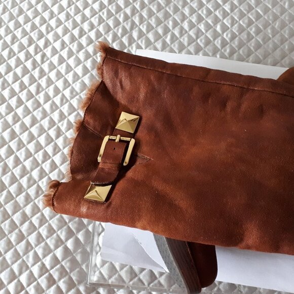 NWT MICHAEL Michael Kors brown distressed faux suede & faux fur lined long boots - Picture 13 of 15
